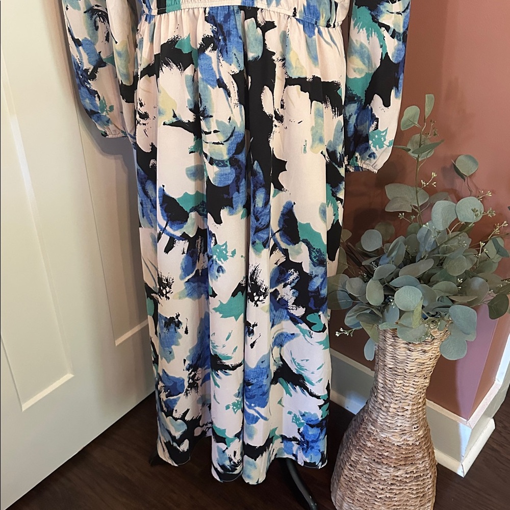 PrettyGarden Floral Blue cream Black watercolor vneck long sleeve XL Maxi Dress - Picture 5 of 16